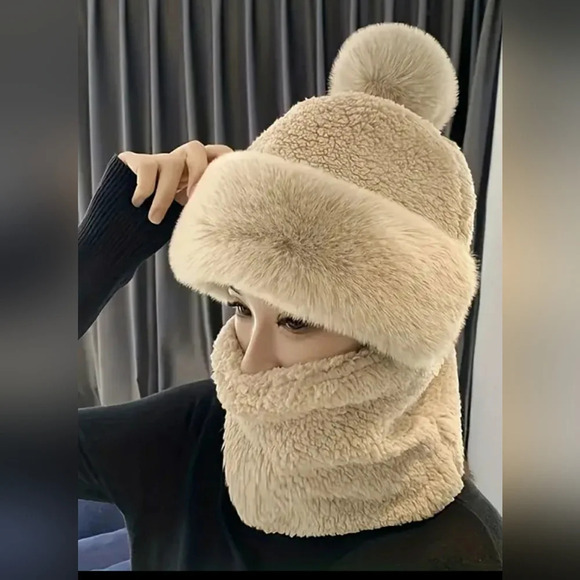 Warm Cozy Knitted Furry Hat Attached Scarf Soft Stretch Pom Trim Women's S/L - Picture 1 of 3
